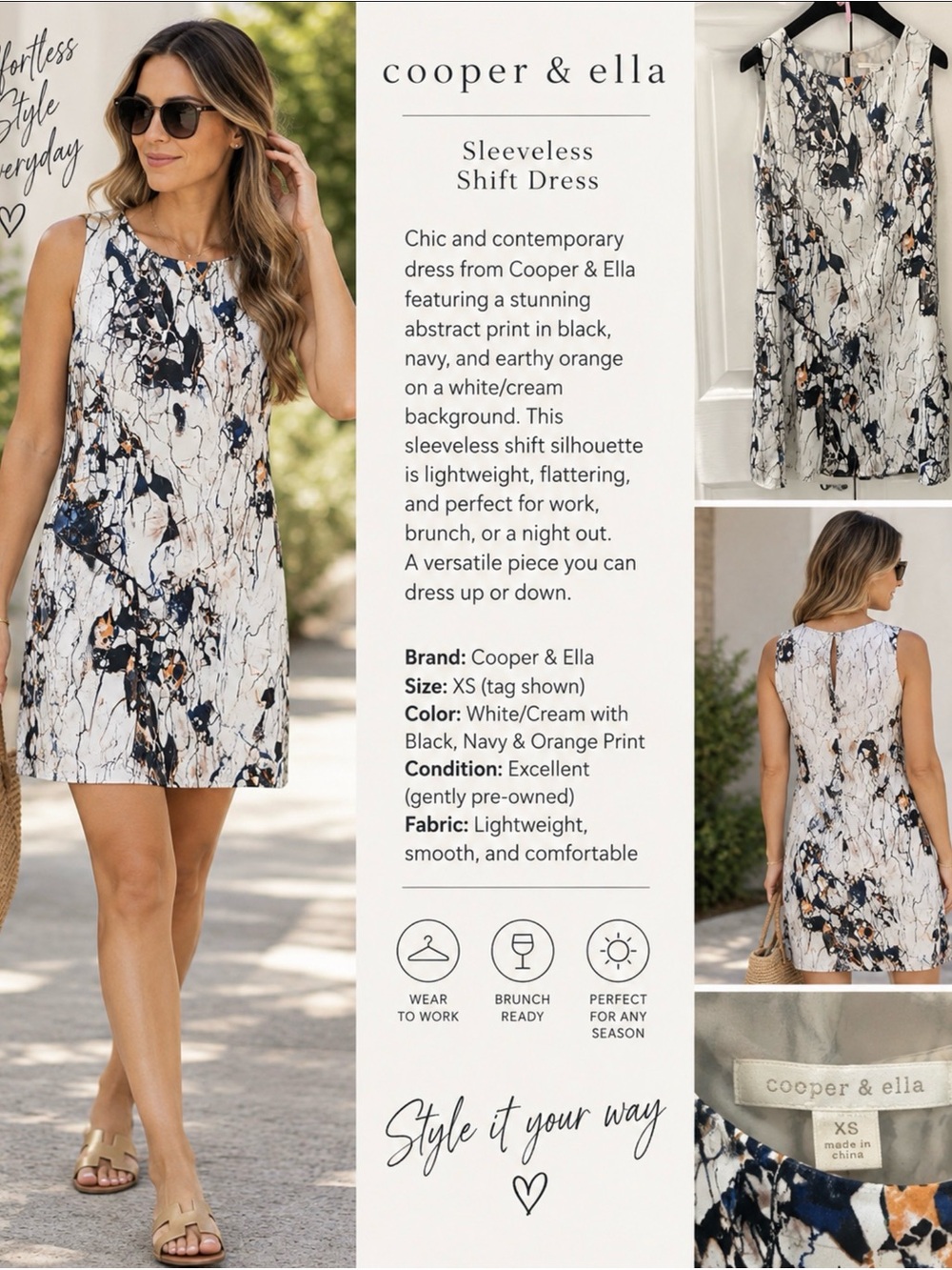 cooper & ella White Dress with Blue and Brown Abstract Print
